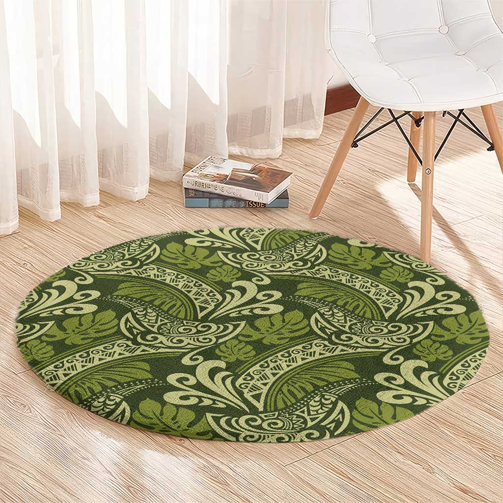 Olive Green Monstera Round Carpet Polynesian Tribal Pattern LT01 - Polynesian Pride