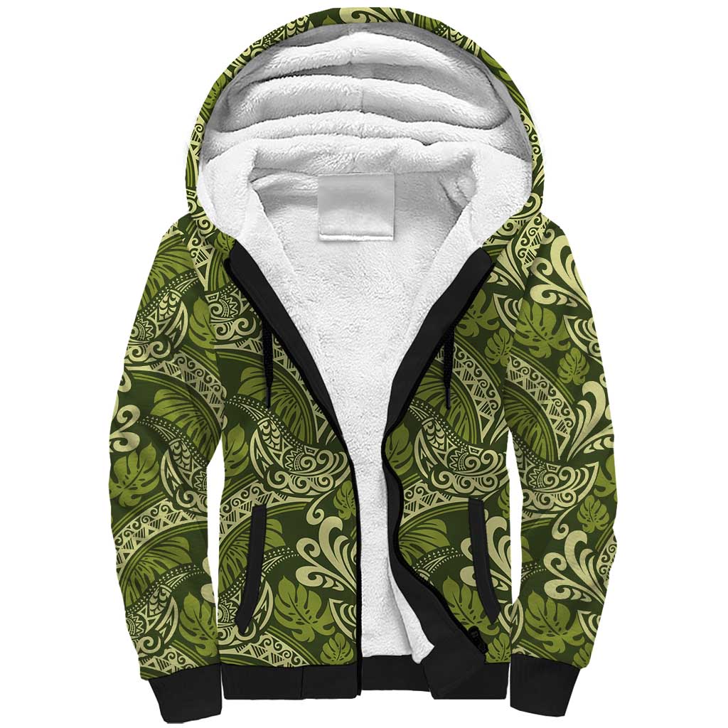 Olive Green Monstera Sherpa Hoodie Polynesian Tribal Pattern LT01 Unisex Green - Polynesian Pride