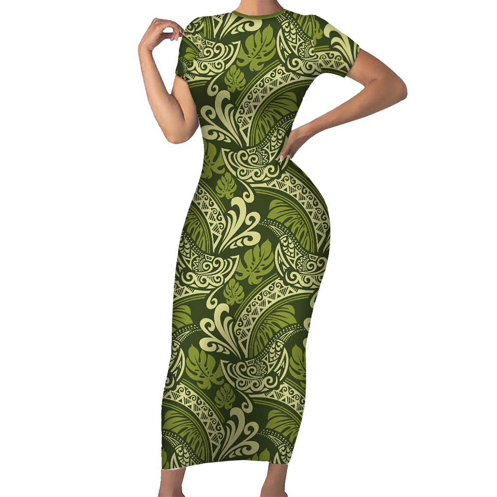 Olive Green Monstera Short Sleeve Bodycon Dress Polynesian Tribal Pattern LT01 Long Dress Green - Polynesian Pride