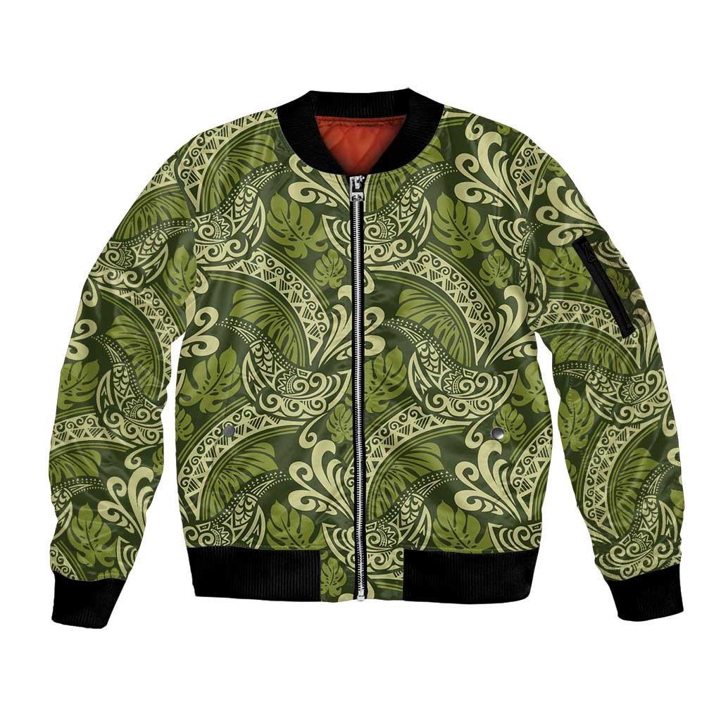 Olive Green Monstera Sleeve Zip Bomber Jacket Polynesian Tribal Pattern LT01 Unisex Green - Polynesian Pride