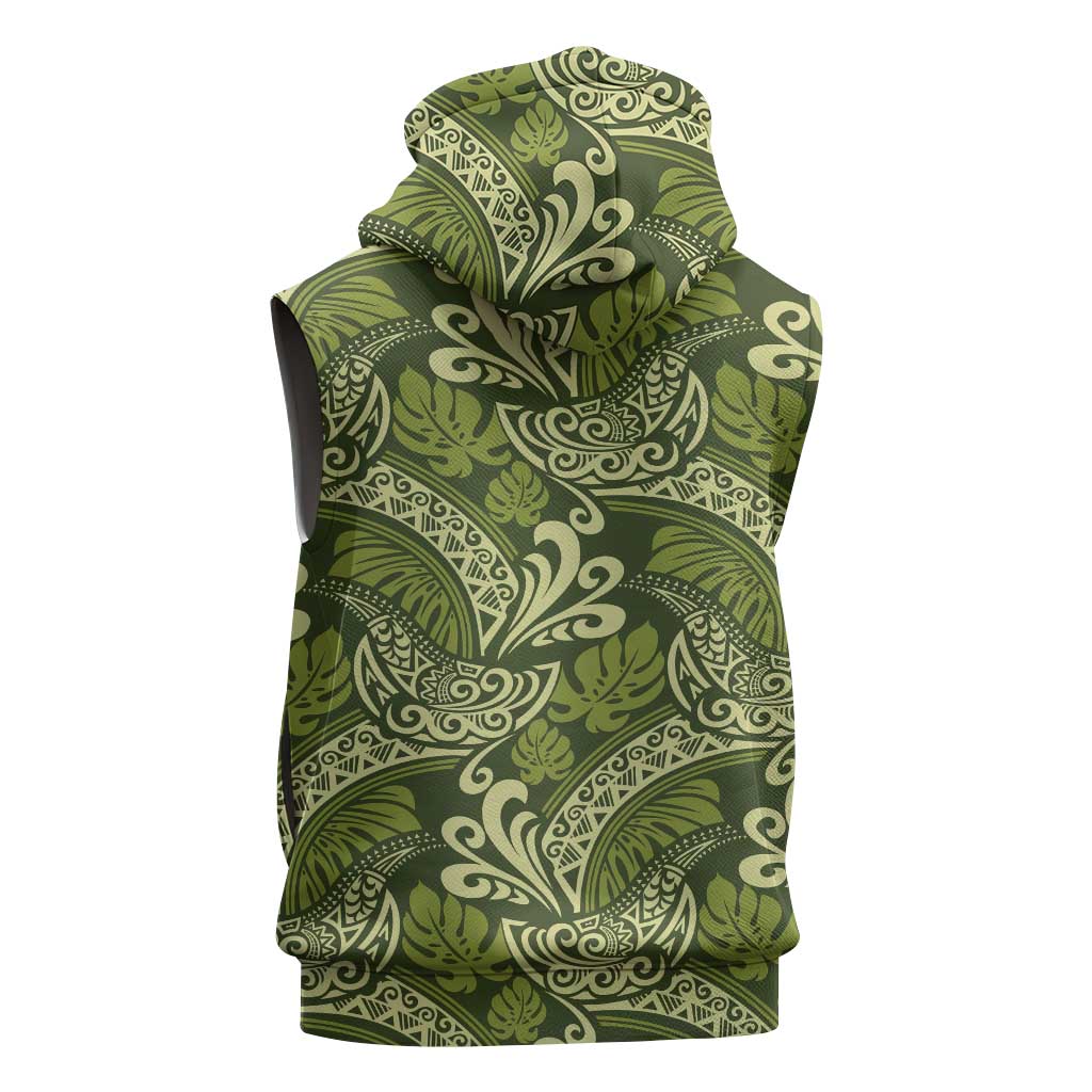 Olive Green Monstera Sleeveless Zip Hoodie Polynesian Tribal Pattern LT01 - Polynesian Pride