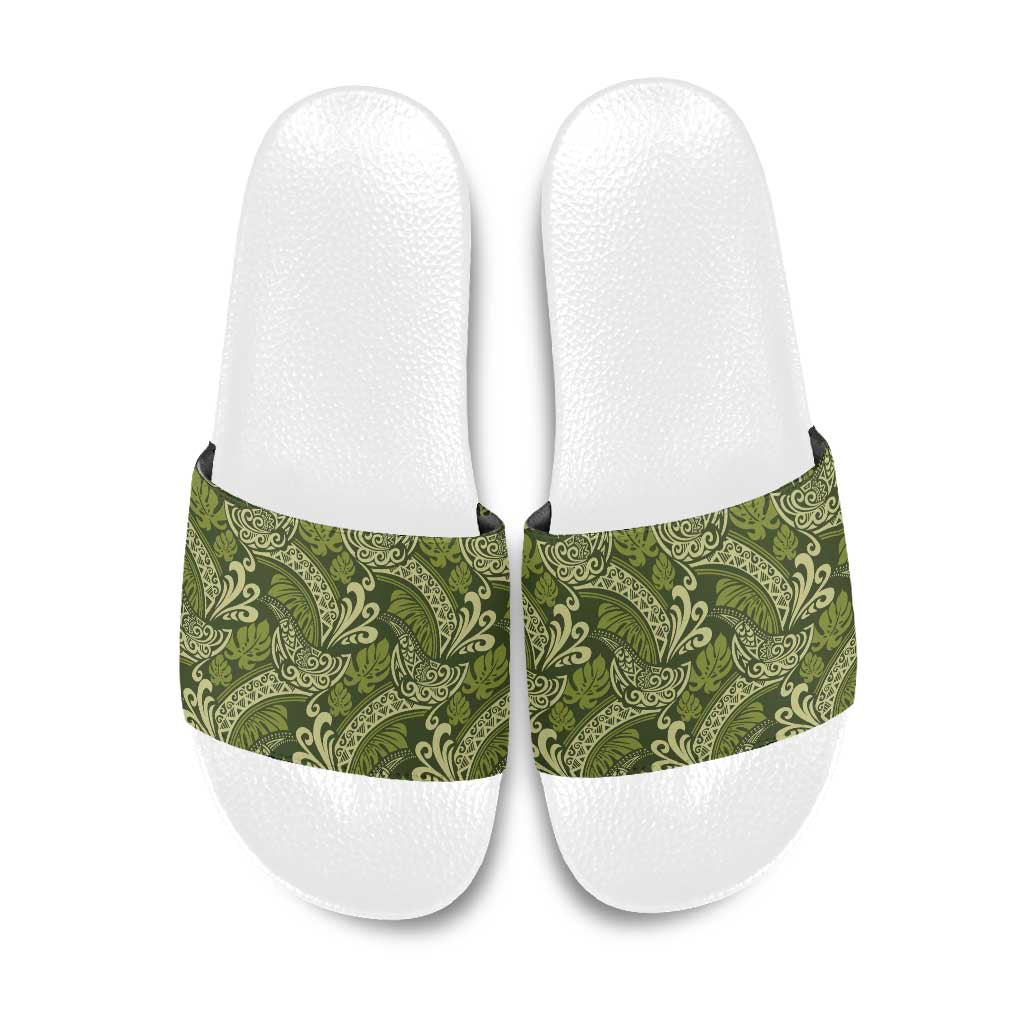 Olive Green Monstera Slide Sandals Polynesian Tribal Pattern LT01 Green - Polynesian Pride