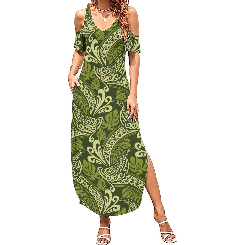 Olive Green Monstera Summer Maxi Dress Polynesian Tribal Pattern LT01 Women Green - Polynesian Pride