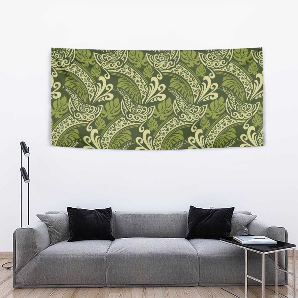 Olive Green Monstera Tapestry Polynesian Tribal Pattern LT01 - Polynesian Pride