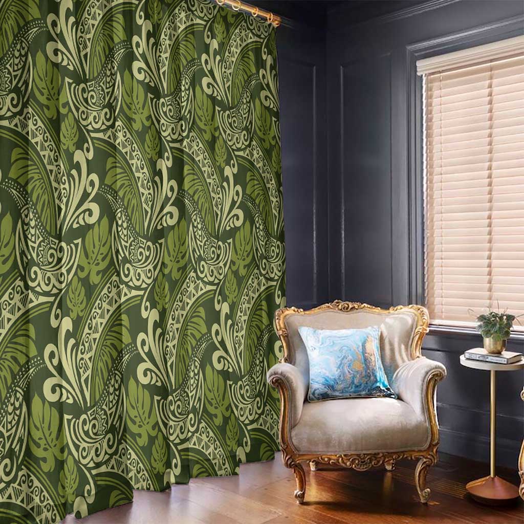 Olive Green Monstera Window Curtain Polynesian Tribal Pattern LT01 - Polynesian Pride