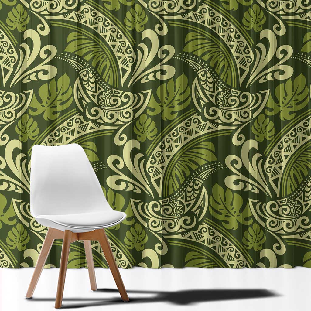 Olive Green Monstera Window Curtain Polynesian Tribal Pattern LT01 - Polynesian Pride