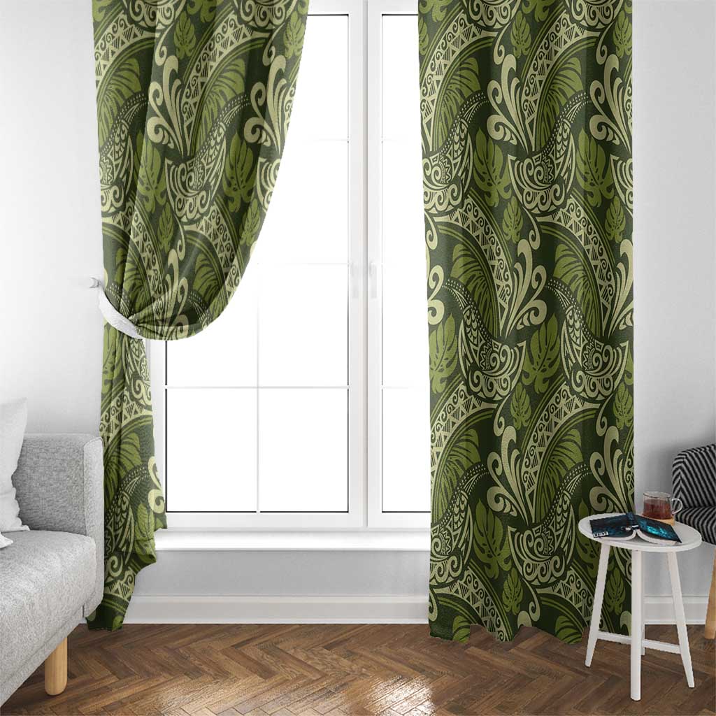 Olive Green Monstera Window Curtain Polynesian Tribal Pattern LT01 - Polynesian Pride