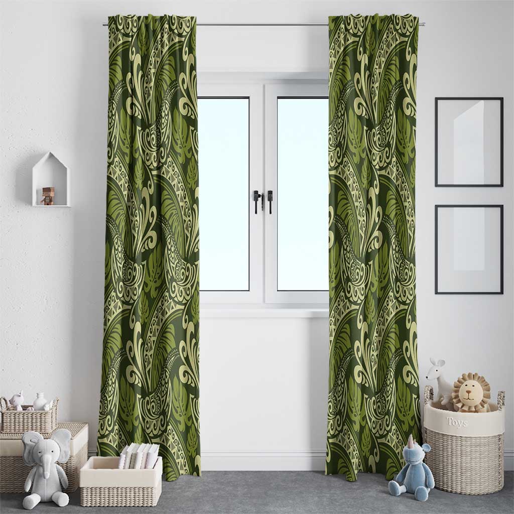 Olive Green Monstera Window Curtain Polynesian Tribal Pattern LT01 - Polynesian Pride