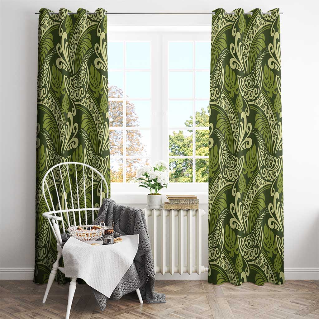 Olive Green Monstera Window Curtain Polynesian Tribal Pattern LT01 - Polynesian Pride