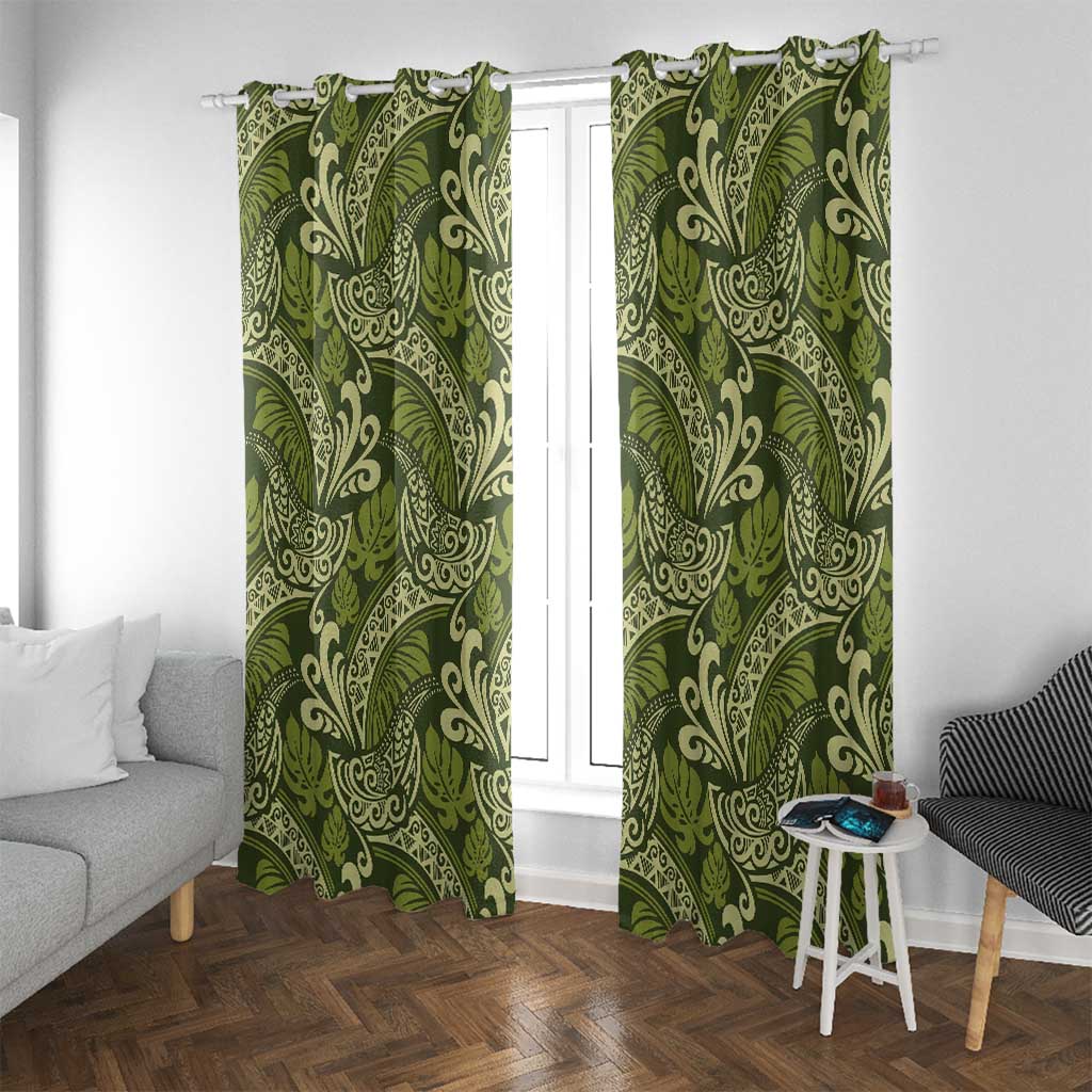 Olive Green Monstera Window Curtain Polynesian Tribal Pattern LT01 With Grommets Green - Polynesian Pride