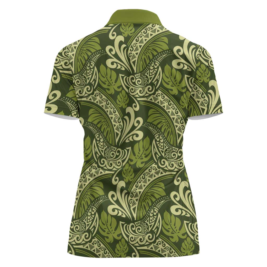 Olive Green Monstera Women Polo Shirt Polynesian Tribal Pattern - Polynesian Pride