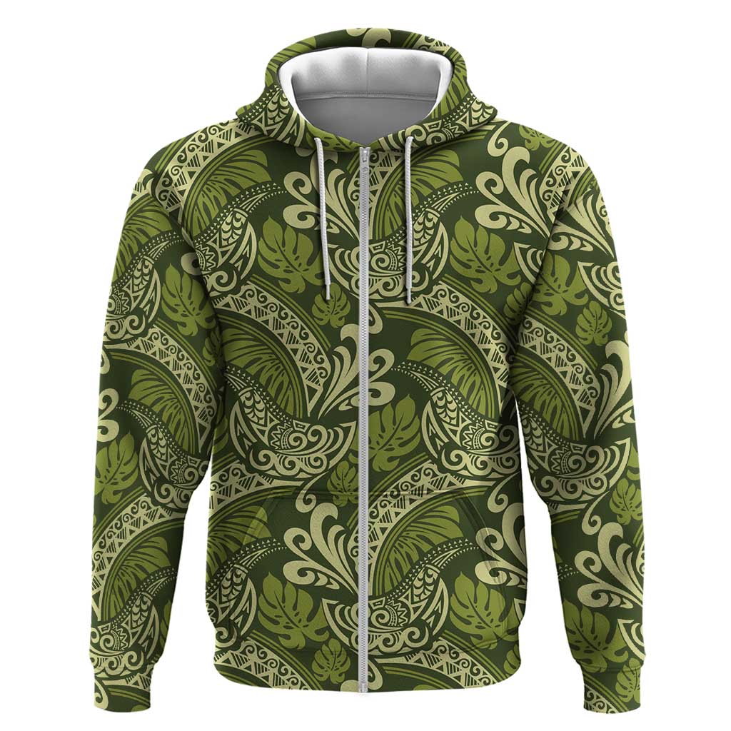 Olive Green Monstera Zip Hoodie Polynesian Tribal Pattern LT01 Zip Hoodie Green - Polynesian Pride