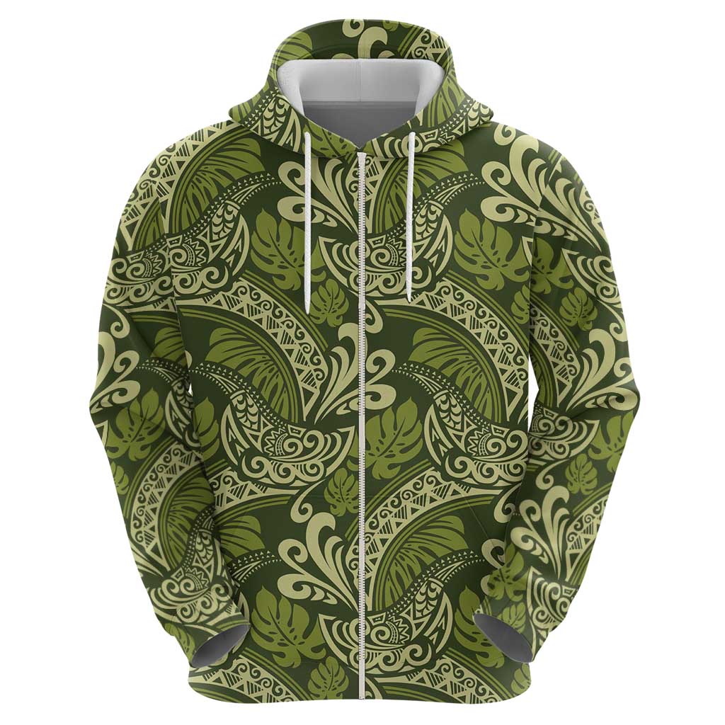 Olive Green Monstera Zip Hoodie Polynesian Tribal Pattern LT01 - Polynesian Pride