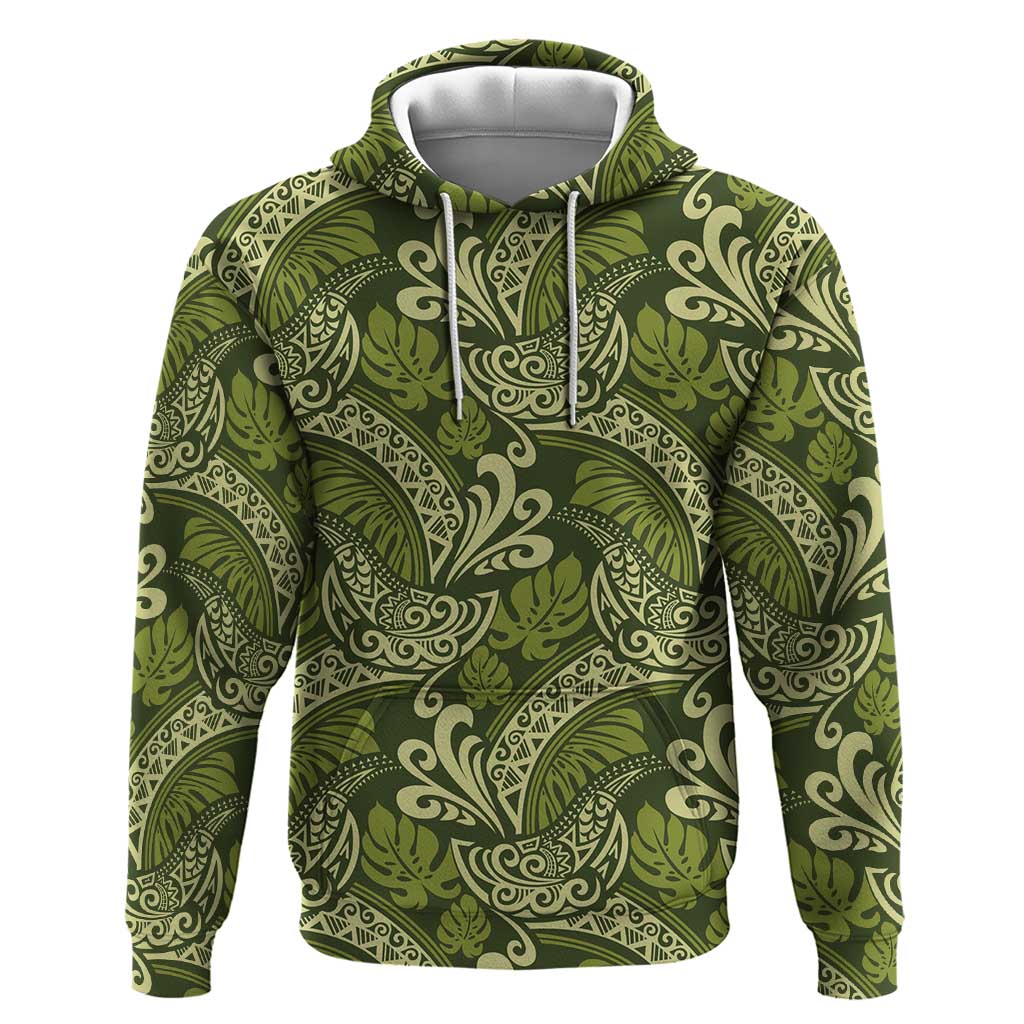 Olive Green Monstera Zip Hoodie Polynesian Tribal Pattern LT01 Pullover Hoodie Green - Polynesian Pride
