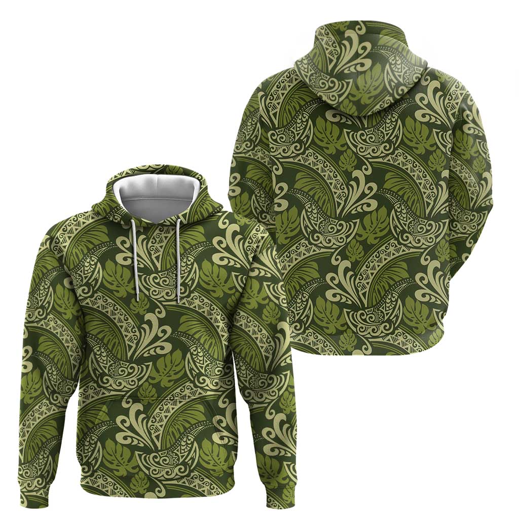 Olive Green Monstera Zip Hoodie Polynesian Tribal Pattern LT01 - Polynesian Pride
