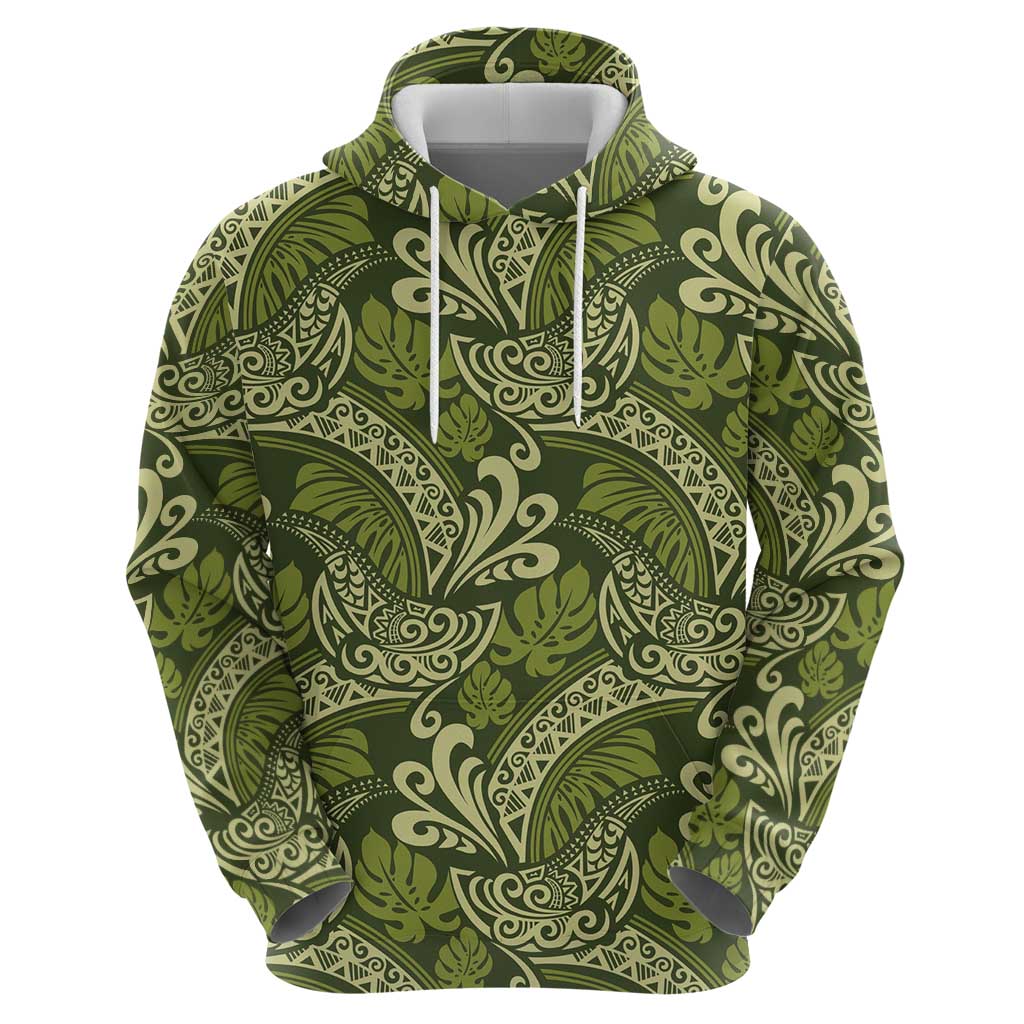 Olive Green Monstera Zip Hoodie Polynesian Tribal Pattern LT01 - Polynesian Pride