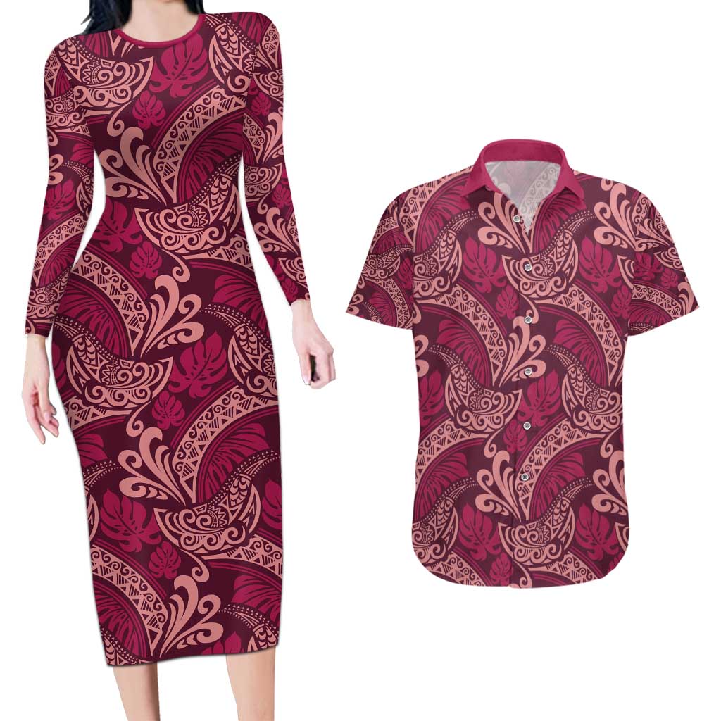 Sweet Pink Monstera Couples Matching Long Sleeve Bodycon Dress and Hawaiian Shirt Polynesian Tribal Pattern - Polynesian Pride