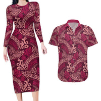 Sweet Pink Monstera Couples Matching Long Sleeve Bodycon Dress and Hawaiian Shirt Polynesian Tribal Pattern - Polynesian Pride