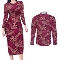 Sweet Pink Monstera Couples Matching Long Sleeve Bodycon Dress and Long Sleeve Button Shirt Polynesian Tribal Pattern LT01 Pink - Polynesian Pride