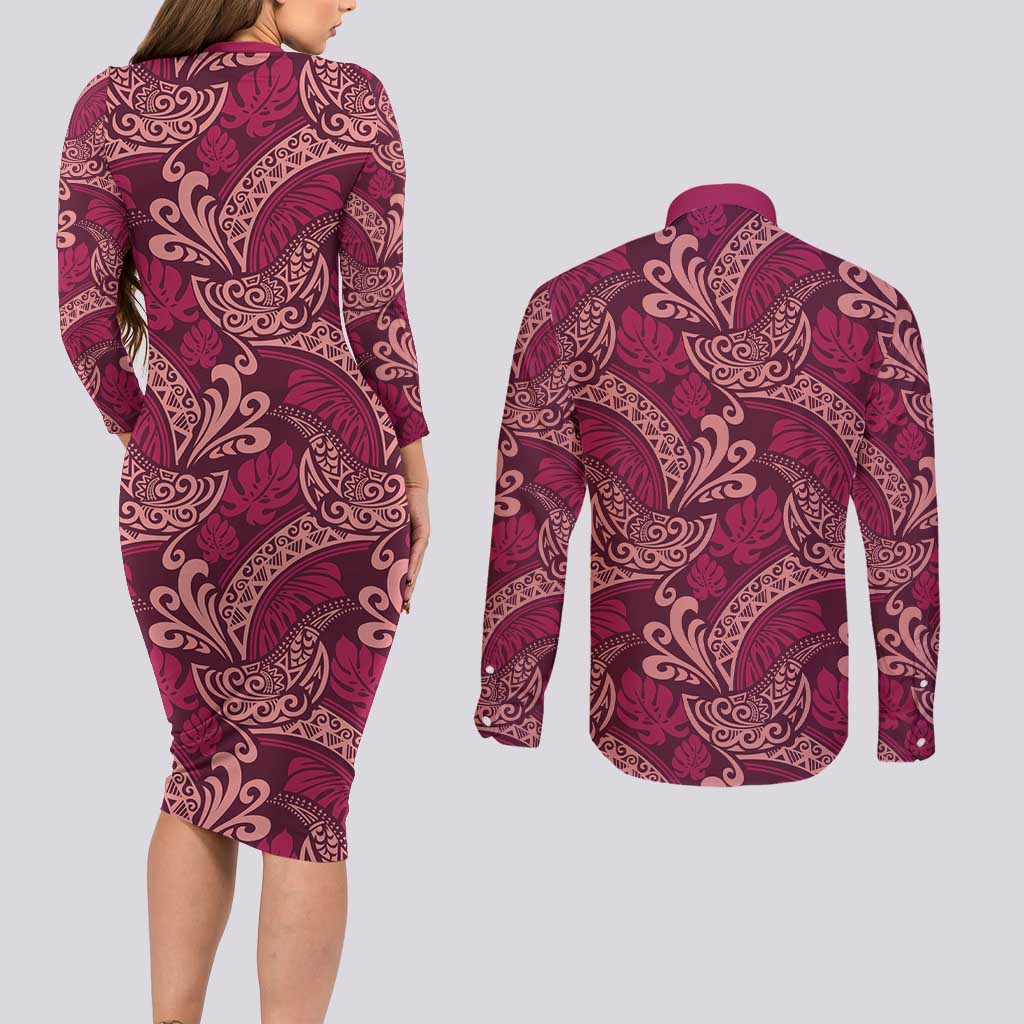 Sweet Pink Monstera Couples Matching Long Sleeve Bodycon Dress and Long Sleeve Button Shirt Polynesian Tribal Pattern LT01 - Polynesian Pride