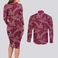Sweet Pink Monstera Couples Matching Long Sleeve Bodycon Dress and Long Sleeve Button Shirt Polynesian Tribal Pattern LT01 - Polynesian Pride