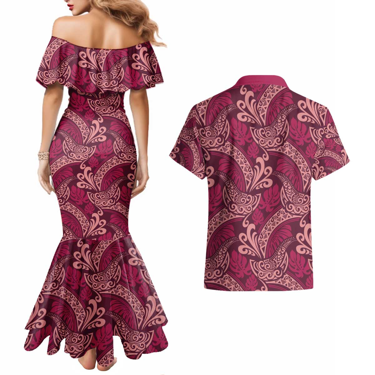 Sweet Pink Monstera Couples Matching Mermaid Dress and Hawaiian Shirt Polynesian Tribal Pattern LT01 - Polynesian Pride