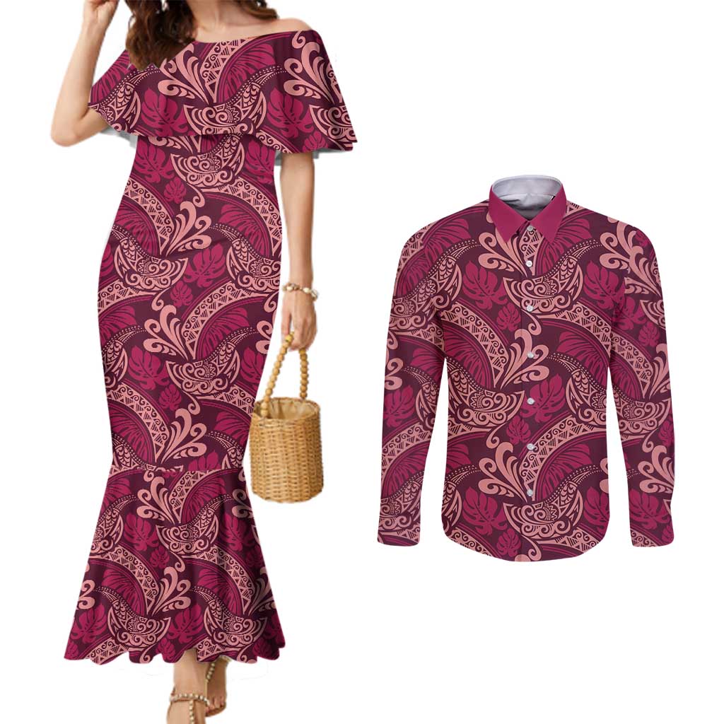 Sweet Pink Monstera Couples Matching Mermaid Dress and Long Sleeve Button Shirt Polynesian Tribal Pattern - Polynesian Pride