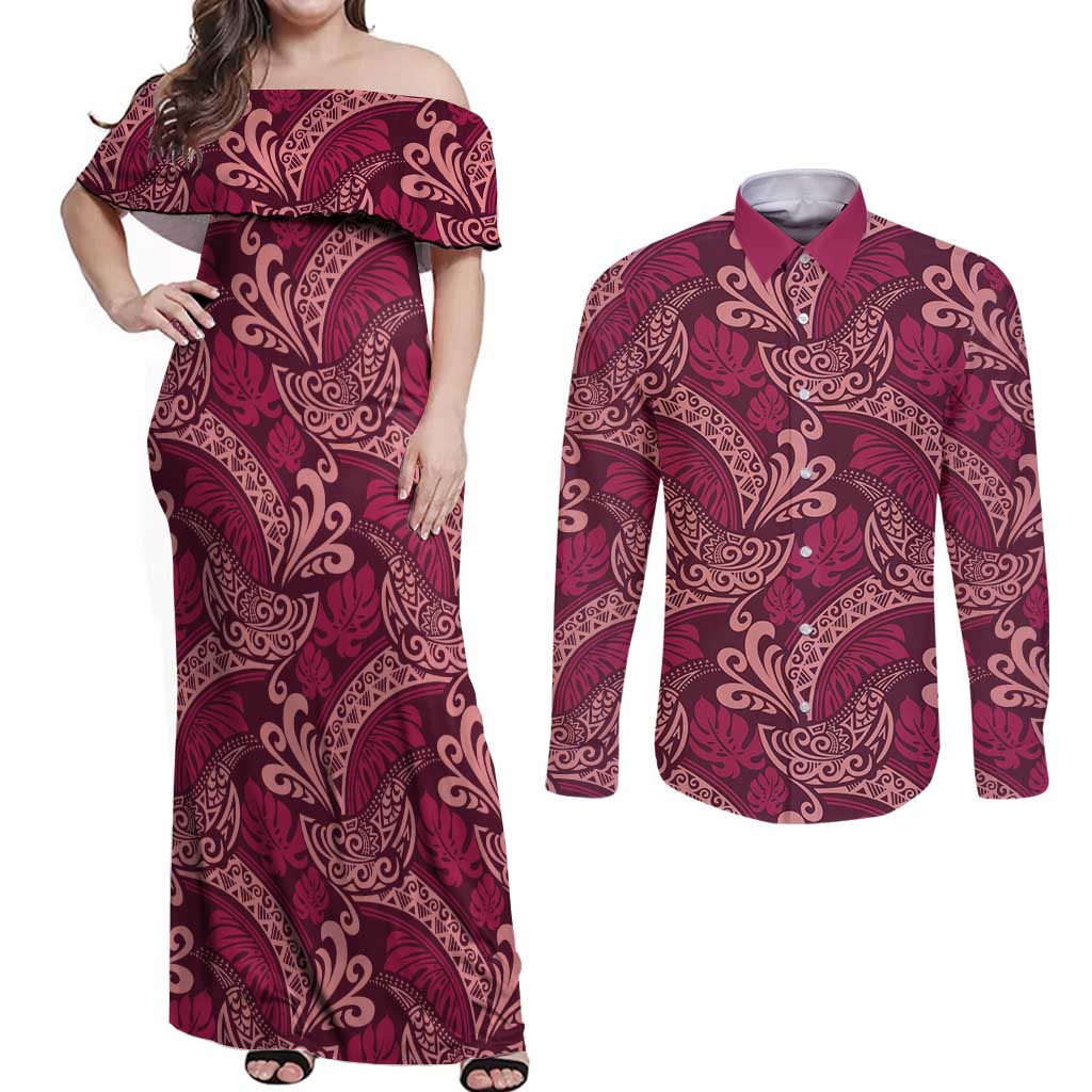 Sweet Pink Monstera Couples Matching Off Shoulder Maxi Dress and Long Sleeve Button Shirt Polynesian Tribal Pattern LT01 Pink - Polynesian Pride
