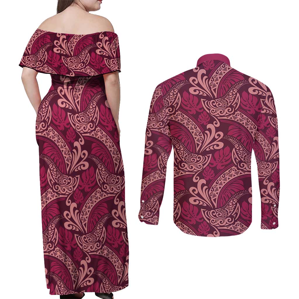Sweet Pink Monstera Couples Matching Off Shoulder Maxi Dress and Long Sleeve Button Shirt Polynesian Tribal Pattern LT01 - Polynesian Pride