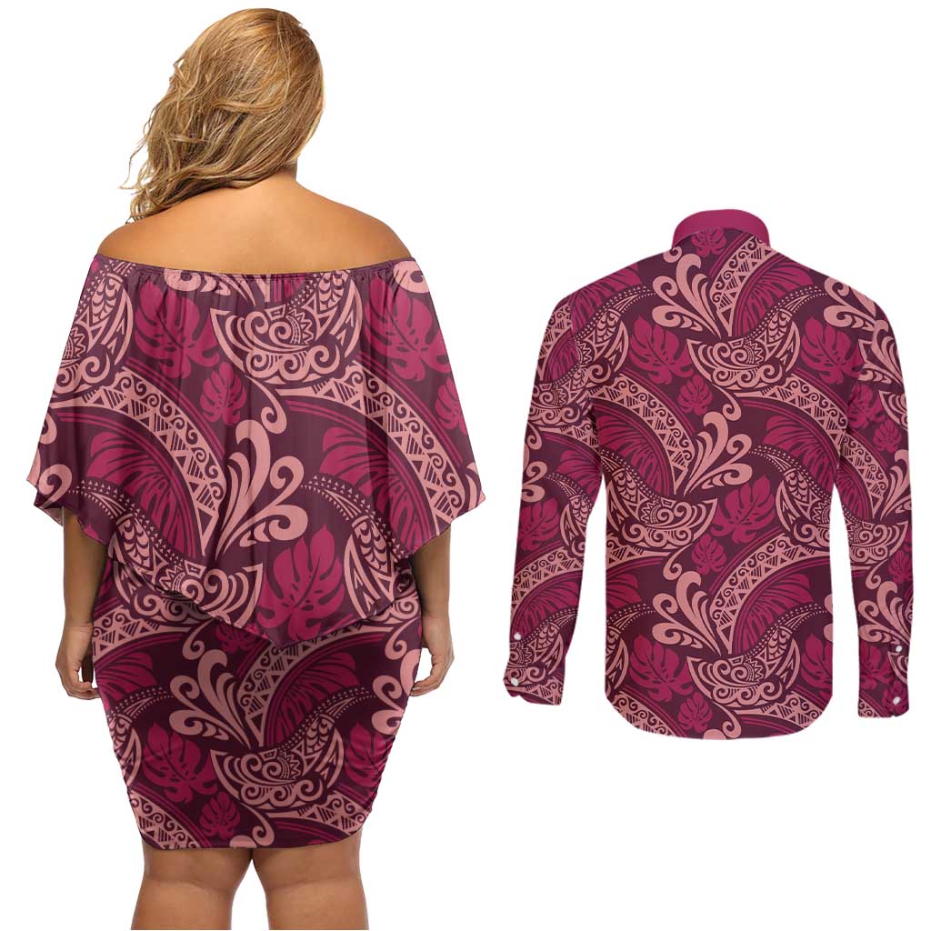 Sweet Pink Monstera Couples Matching Off Shoulder Short Dress and Long Sleeve Button Shirt Polynesian Tribal Pattern LT01 - Polynesian Pride