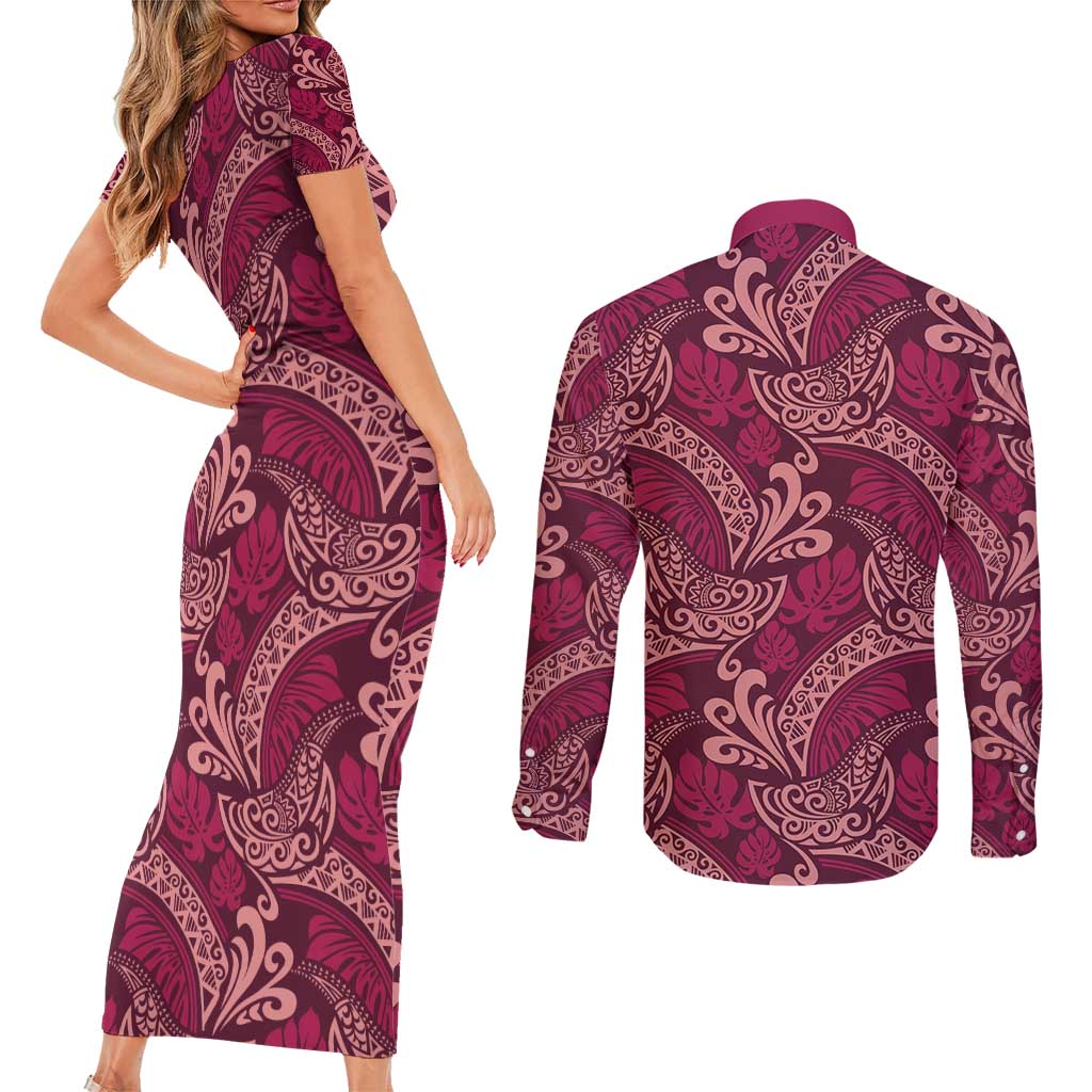 Sweet Pink Monstera Couples Matching Short Sleeve Bodycon Dress and Long Sleeve Button Shirt Polynesian Tribal Pattern LT01 - Polynesian Pride
