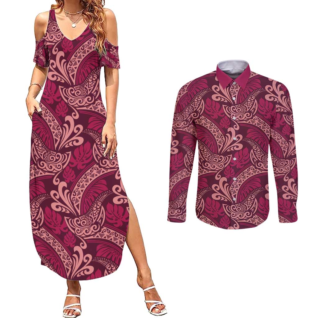 Sweet Pink Monstera Couples Matching Summer Maxi Dress and Long Sleeve Button Shirt Polynesian Tribal Pattern LT01 Pink - Polynesian Pride