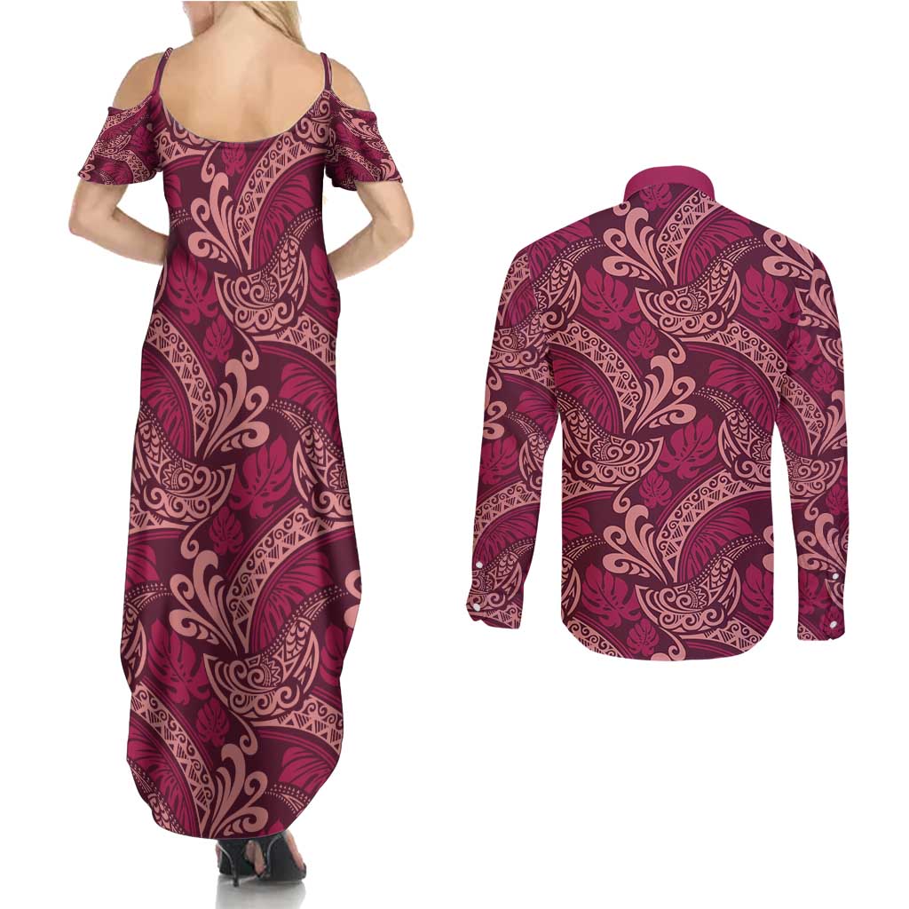Sweet Pink Monstera Couples Matching Summer Maxi Dress and Long Sleeve Button Shirt Polynesian Tribal Pattern LT01 - Polynesian Pride