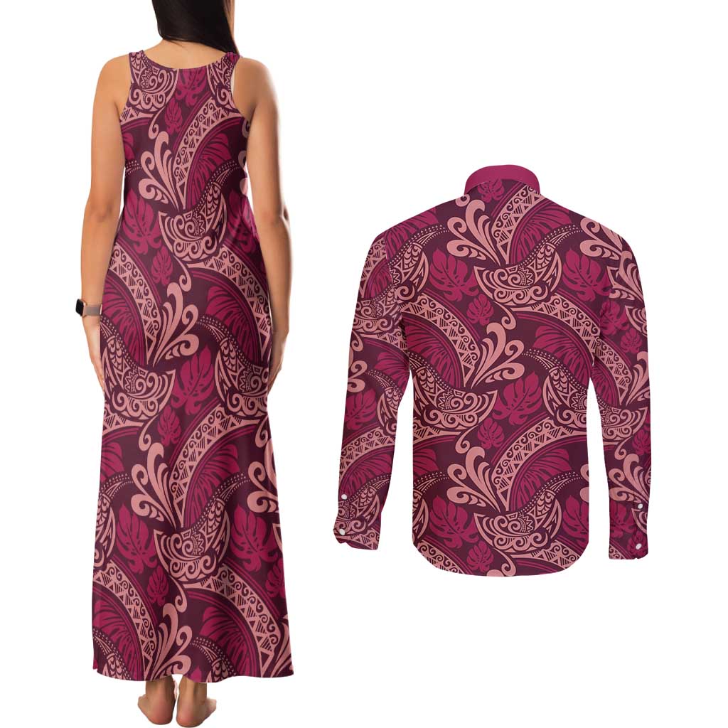 Sweet Pink Monstera Couples Matching Tank Maxi Dress and Long Sleeve Button Shirt Polynesian Tribal Pattern LT01 - Polynesian Pride