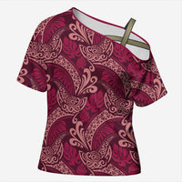 Sweet Pink Monstera Cross Shoulder Shirt Polynesian Tribal Pattern LT01 Female Pink - Polynesian Pride