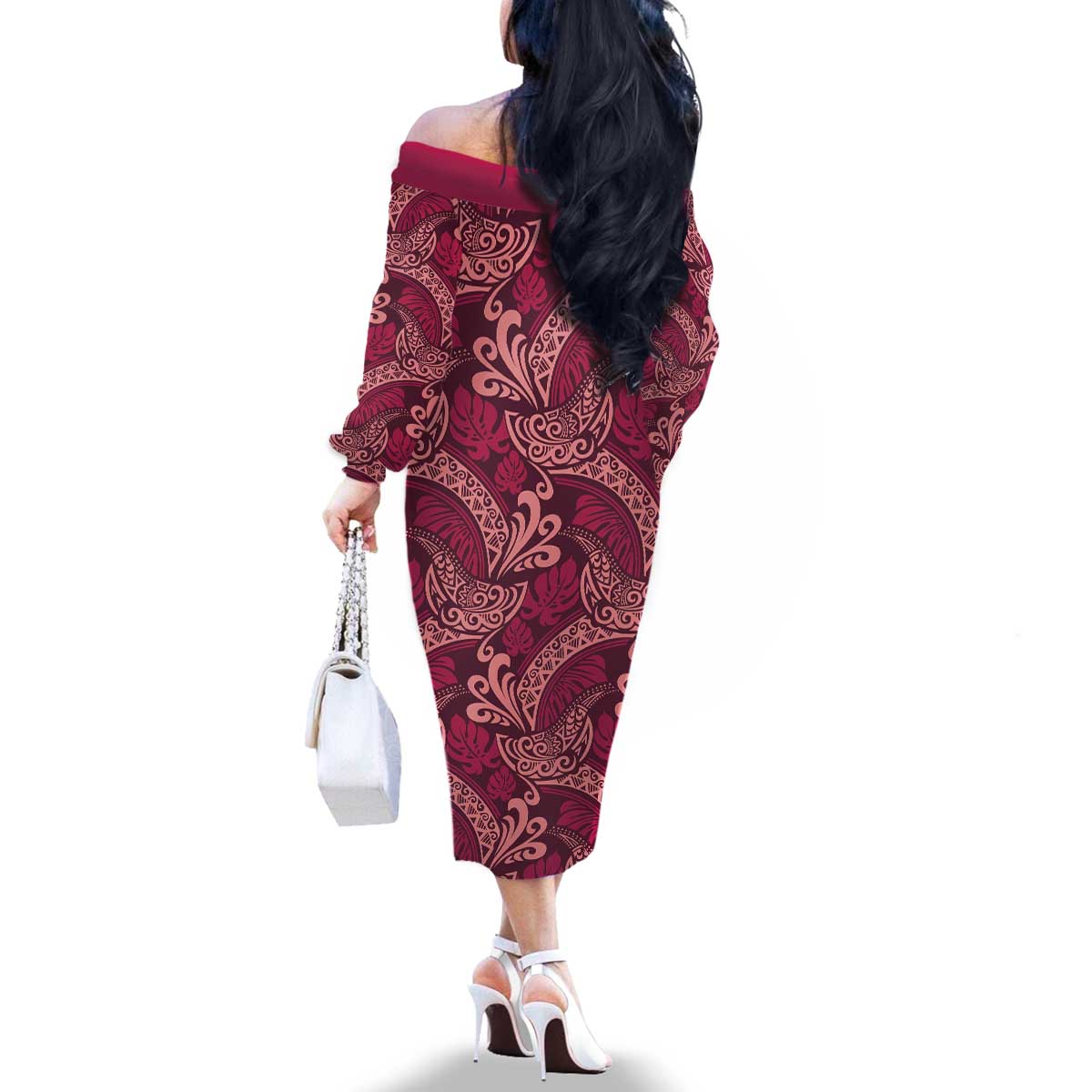 Sweet Pink Monstera Family Matching Off The Shoulder Long Sleeve Dress and Hawaiian Shirt Polynesian Tribal Pattern - Polynesian Pride