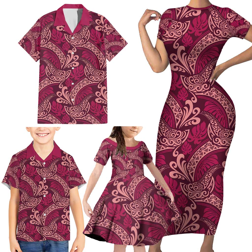 Sweet Pink Monstera Family Matching Short Sleeve Bodycon Dress and Hawaiian Shirt Polynesian Tribal Pattern LT01 - Polynesian Pride