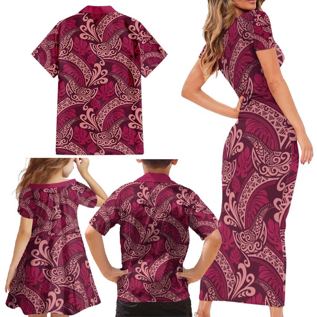Sweet Pink Monstera Family Matching Short Sleeve Bodycon Dress and Hawaiian Shirt Polynesian Tribal Pattern LT01 - Polynesian Pride