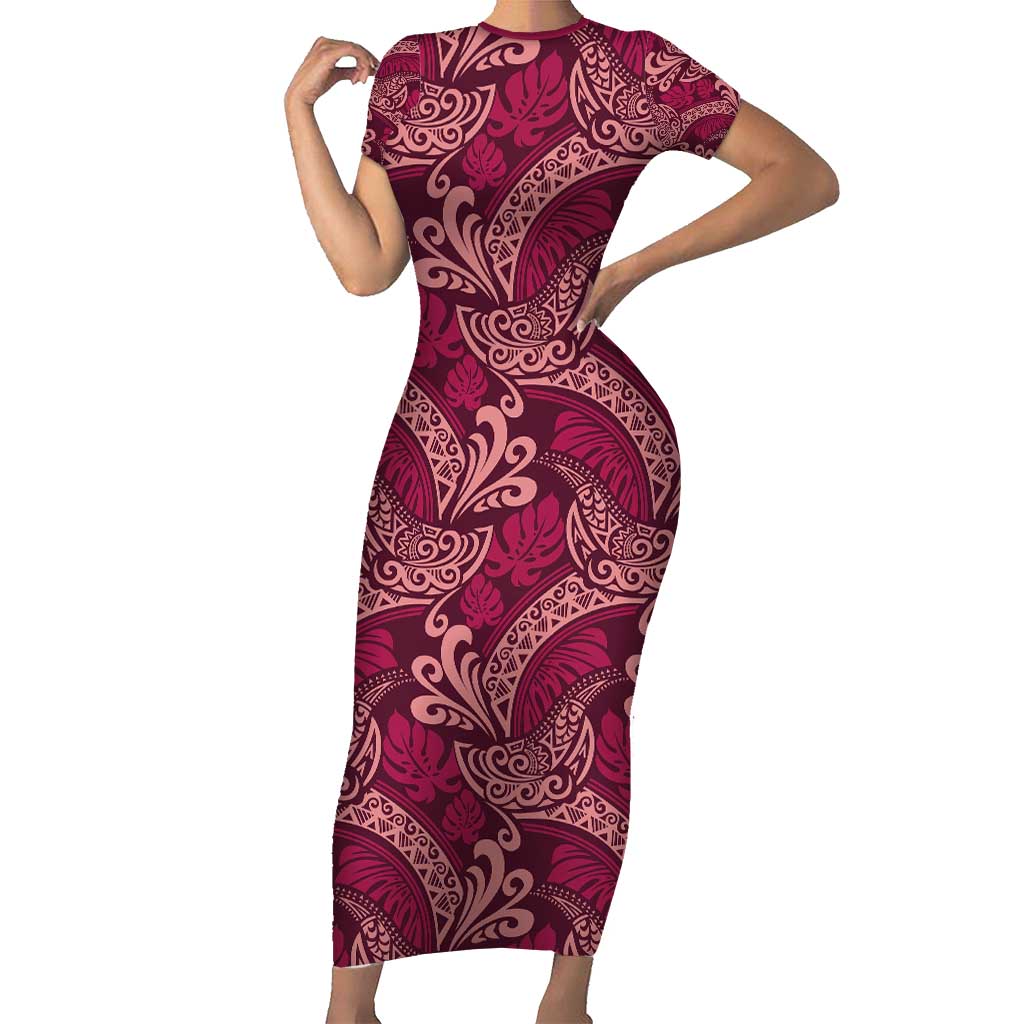 Sweet Pink Monstera Family Matching Short Sleeve Bodycon Dress and Hawaiian Shirt Polynesian Tribal Pattern LT01 Mom's Dress Pink - Polynesian Pride