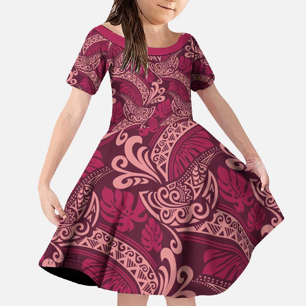 Sweet Pink Monstera Family Matching Summer Maxi Dress and Hawaiian Shirt Polynesian Tribal Pattern LT01 Daughter's Dress Pink - Polynesian Pride