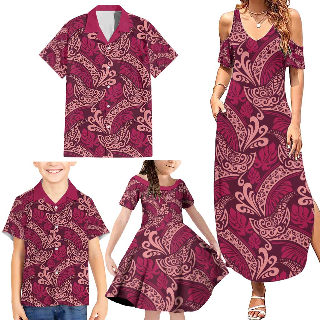 Sweet Pink Monstera Family Matching Summer Maxi Dress and Hawaiian Shirt Polynesian Tribal Pattern LT01 - Polynesian Pride