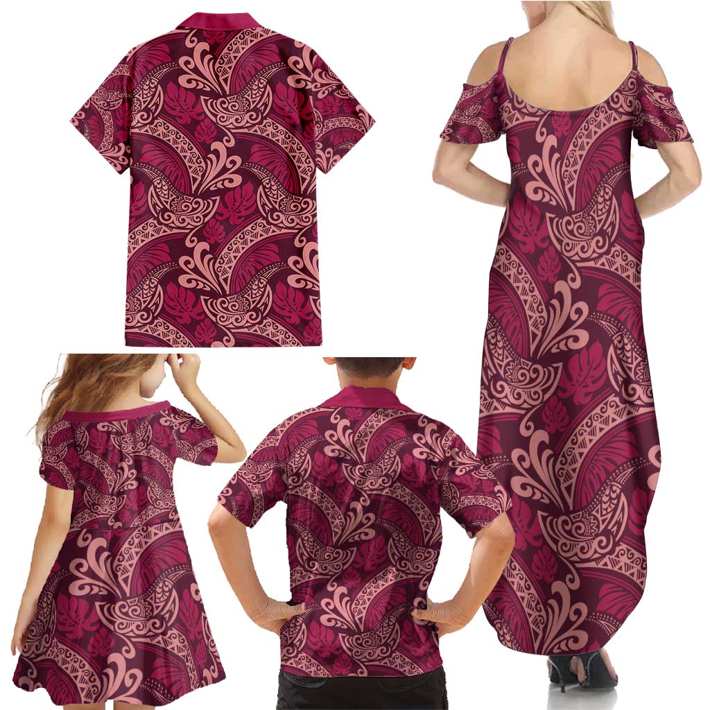 Sweet Pink Monstera Family Matching Summer Maxi Dress and Hawaiian Shirt Polynesian Tribal Pattern LT01 - Polynesian Pride