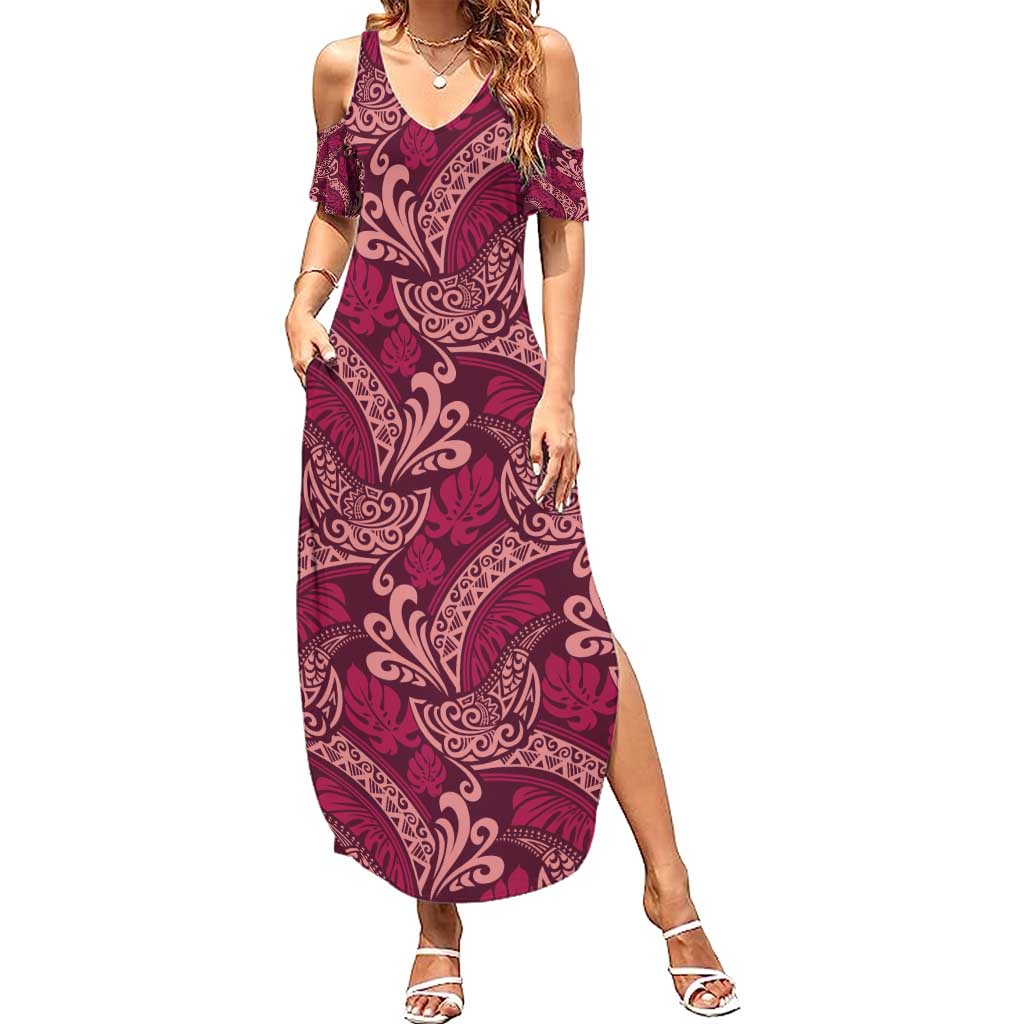 Sweet Pink Monstera Family Matching Summer Maxi Dress and Hawaiian Shirt Polynesian Tribal Pattern LT01 Mom's Dress Pink - Polynesian Pride