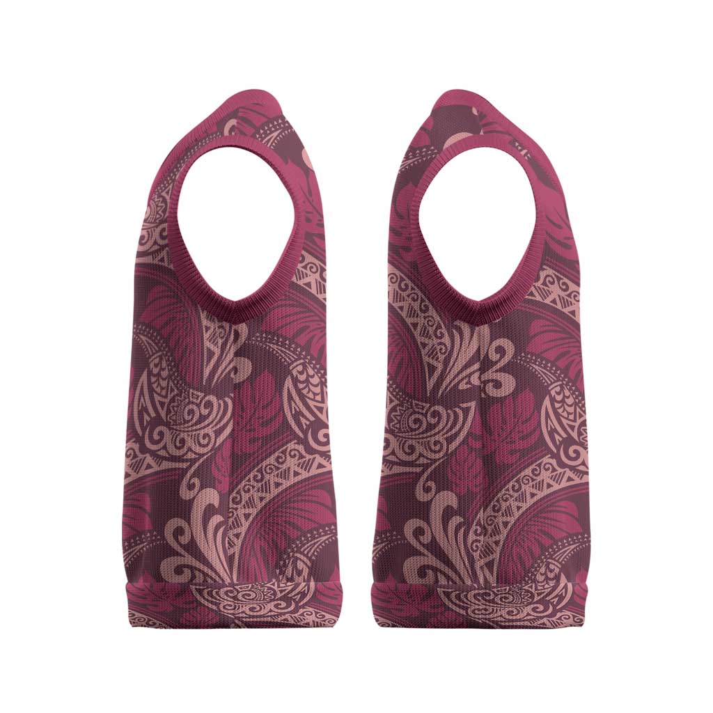 Sweet Pink Monstera Christmas Knitted V-Neck Vest Polynesian Tribal Pattern - Polynesian Pride