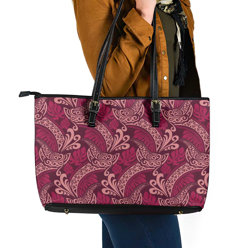 Sweet Pink Monstera Leather Tote Bag Polynesian Tribal Pattern LT01 - Polynesian Pride