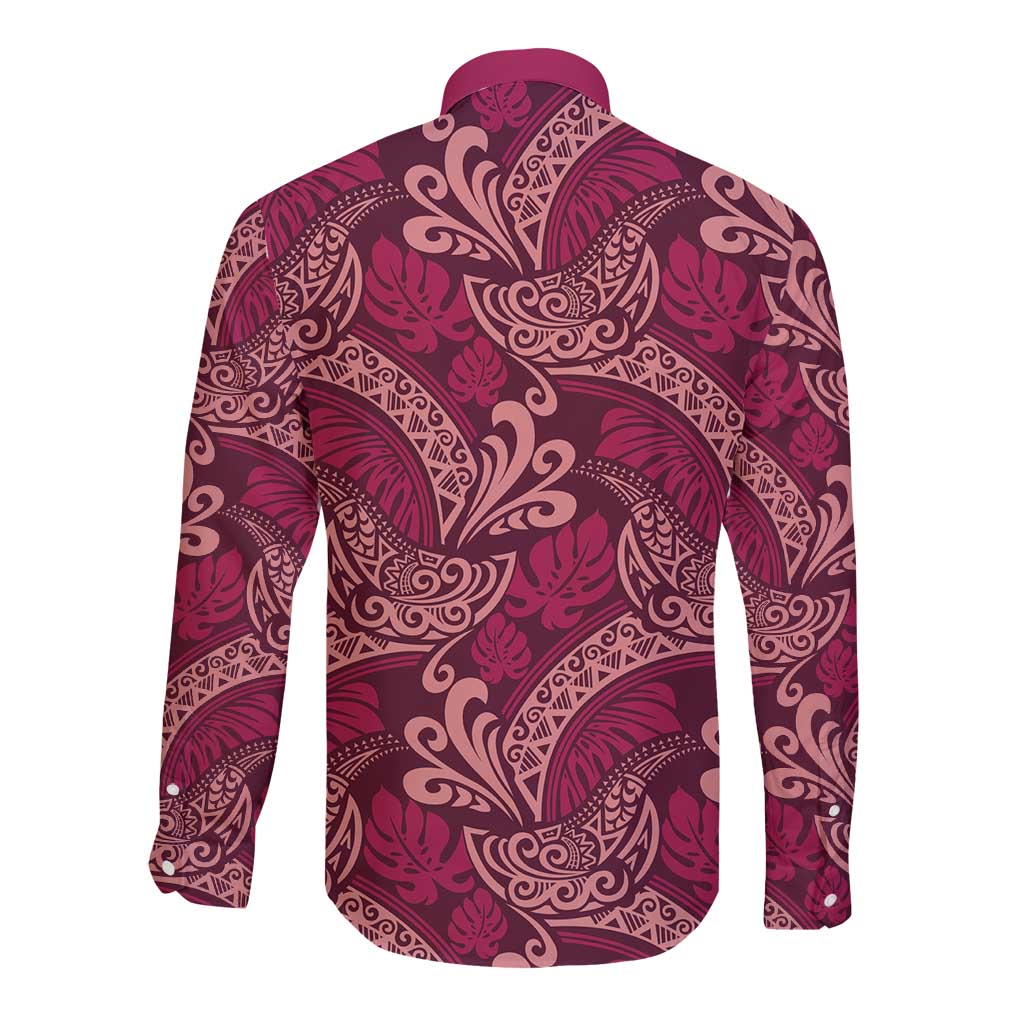 Sweet Pink Monstera Long Sleeve Button Shirt Polynesian Tribal Pattern LT01 - Polynesian Pride