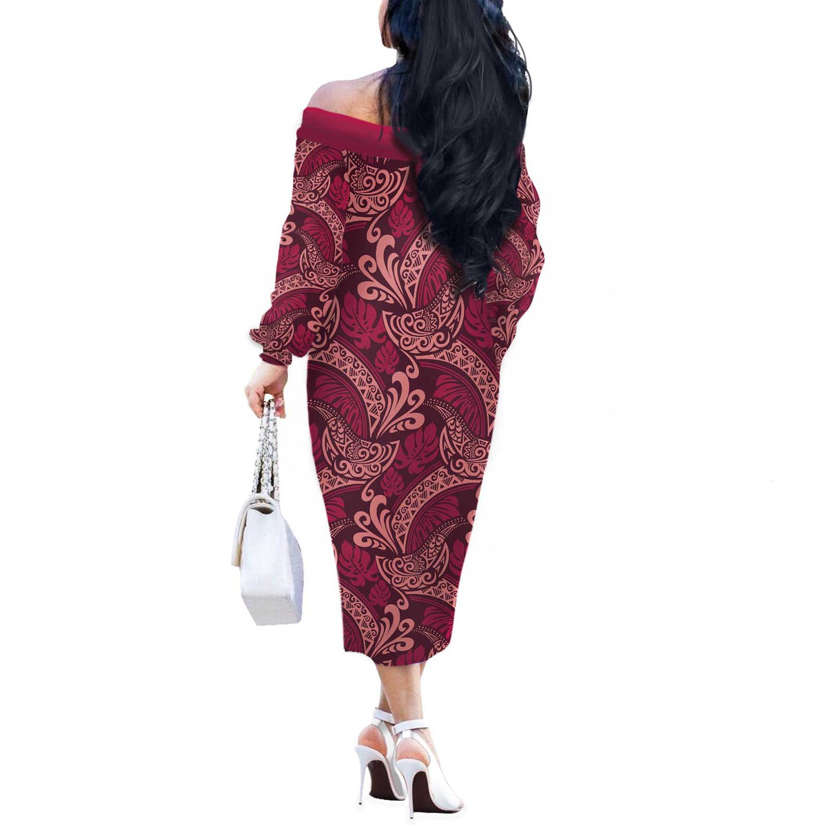 Sweet Pink Monstera Off The Shoulder Long Sleeve Dress Polynesian Tribal Pattern LT01 - Polynesian Pride