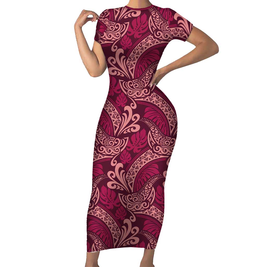 Sweet Pink Monstera Short Sleeve Bodycon Dress Polynesian Tribal Pattern LT01 Long Dress Pink - Polynesian Pride