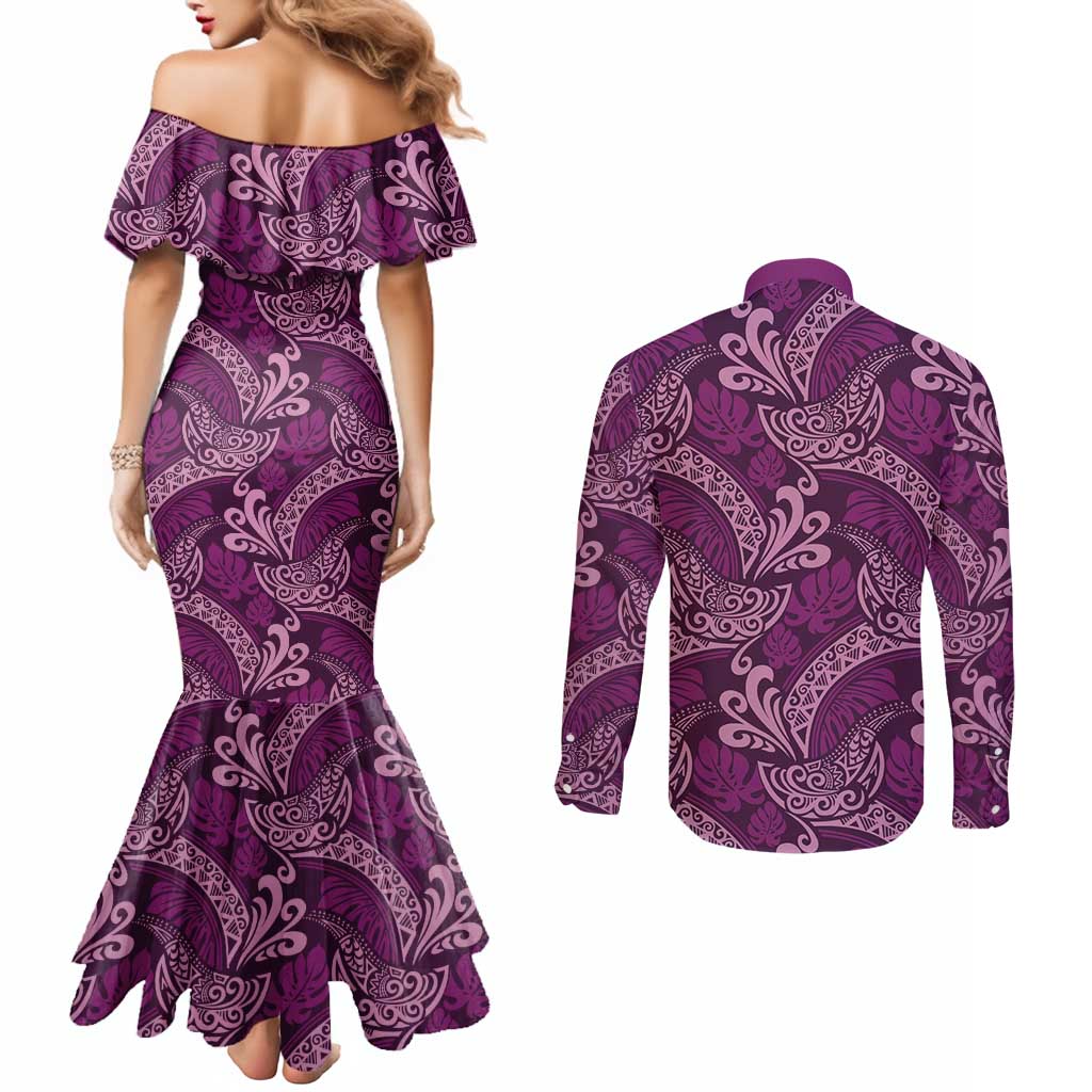 Royal Purple Monstera Couples Matching Mermaid Dress and Long Sleeve Button Shirt Polynesian Tribal Pattern LT01 - Polynesian Pride