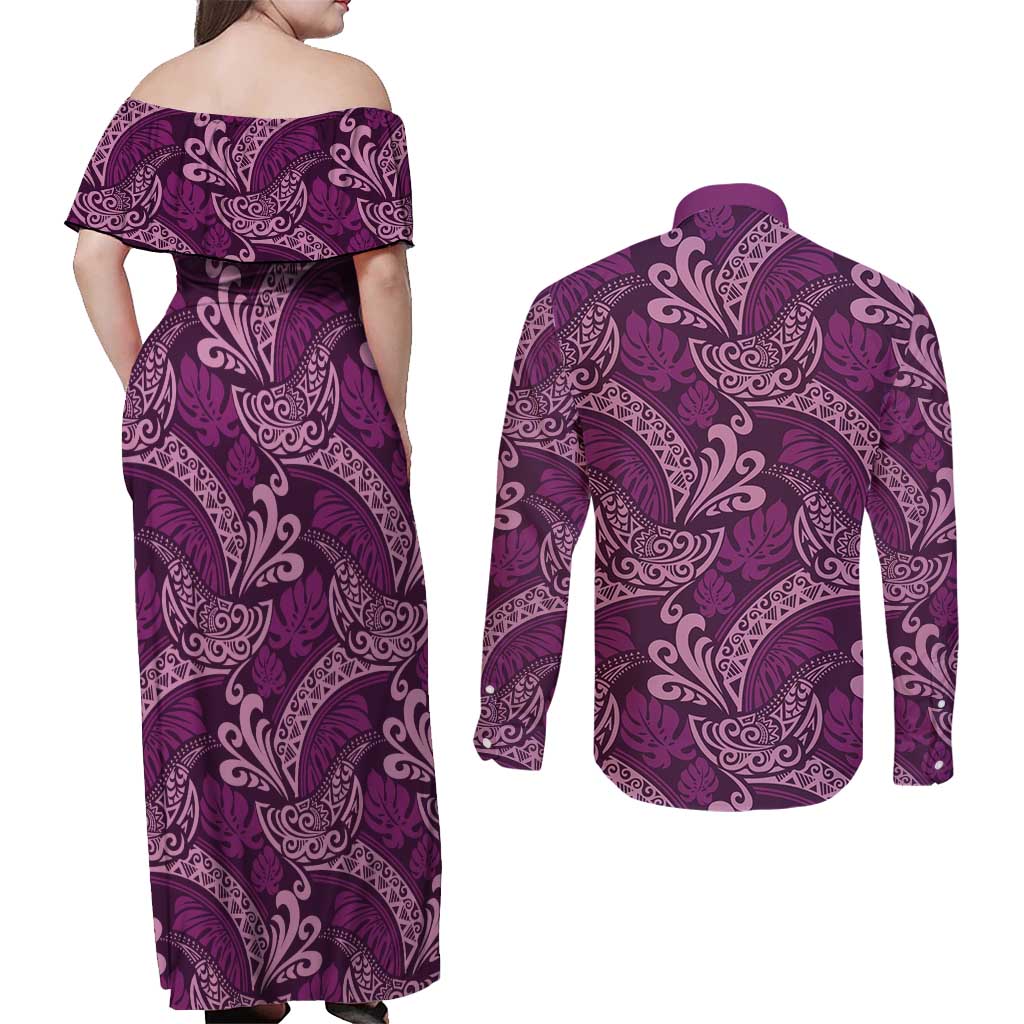 Royal Purple Monstera Couples Matching Off Shoulder Maxi Dress and Long Sleeve Button Shirt Polynesian Tribal Pattern LT01 - Polynesian Pride